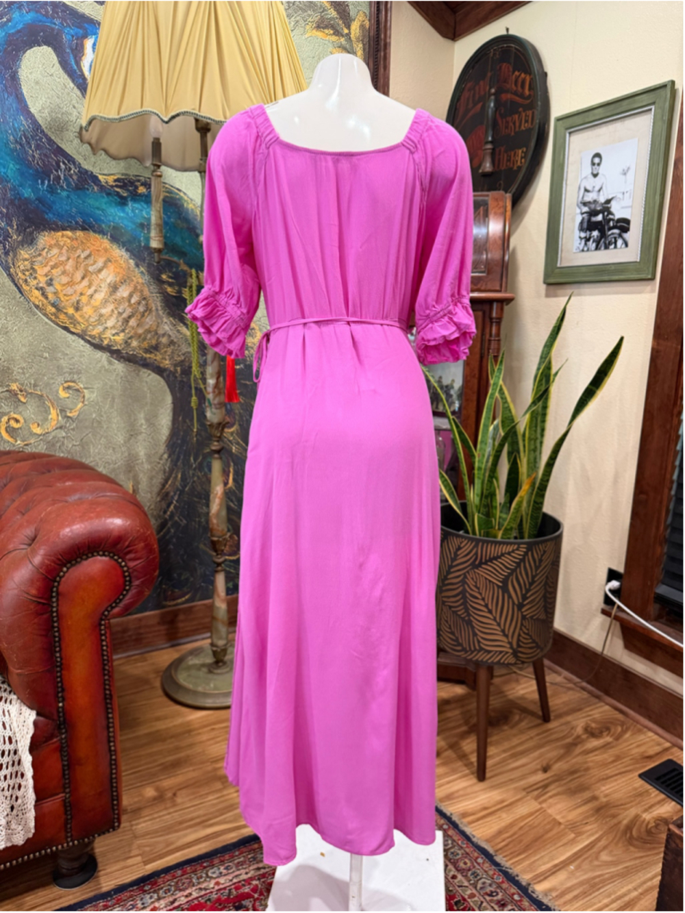 OLIVACEOUS Pink Wrap Maxi Dress Sz L Puff Sleeve Side Slit Cottagecore Boho Summ - Picture 6 of 12
